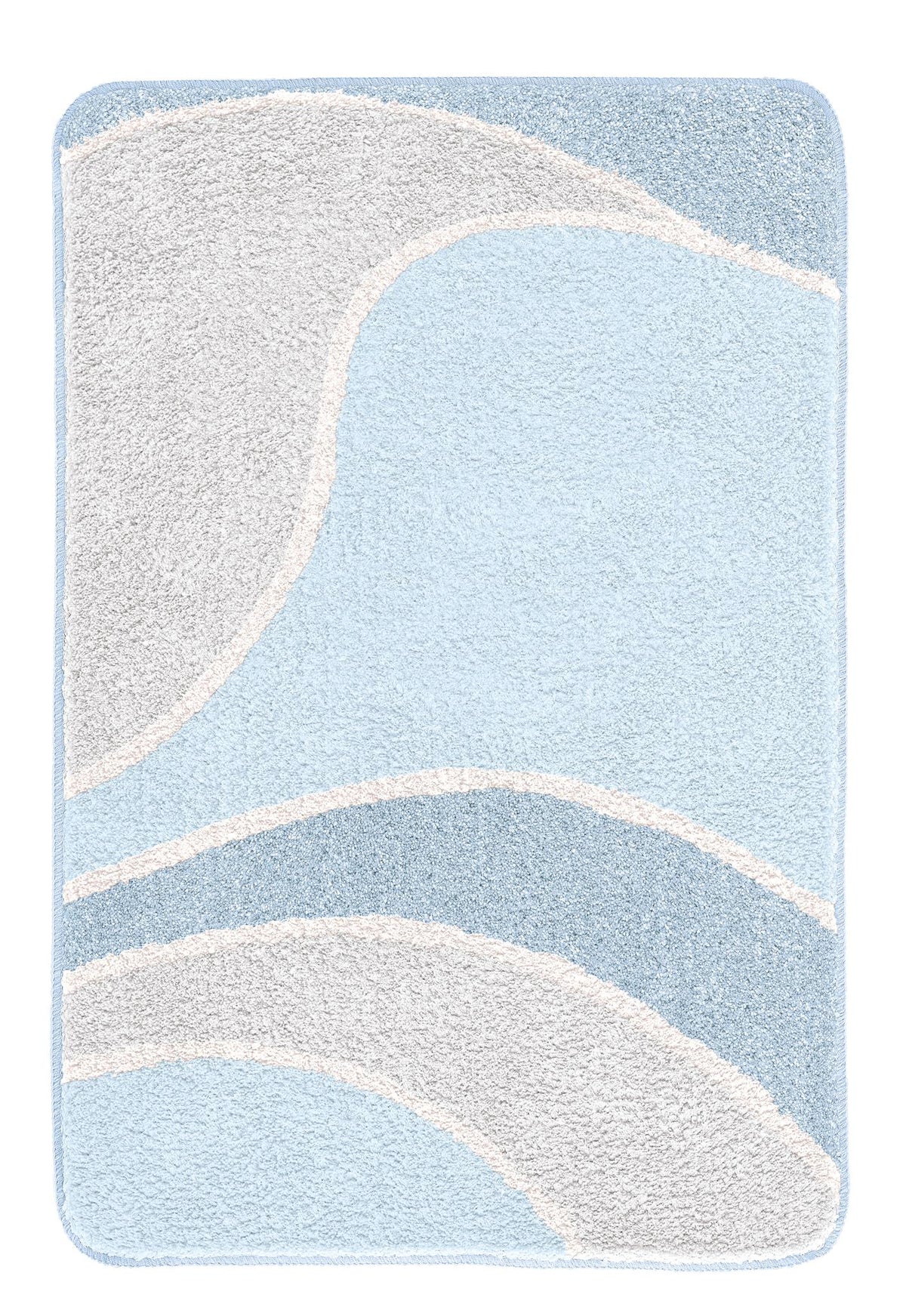 Hellblauer Badteppich mit geschwungenem Muster in Weiß und Blau.