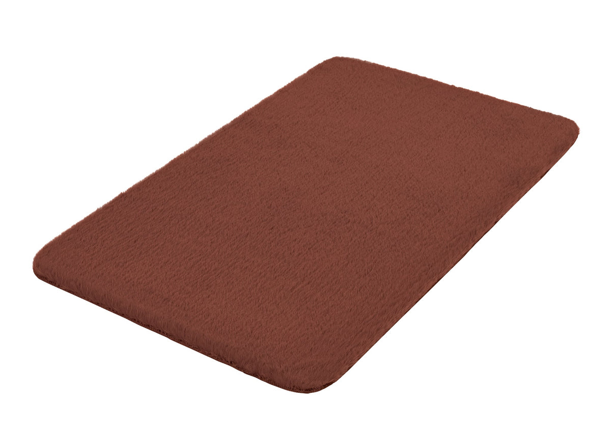 Rechteckige, braune Badematte mit weicher, dichter Hochflor-Oberfläche