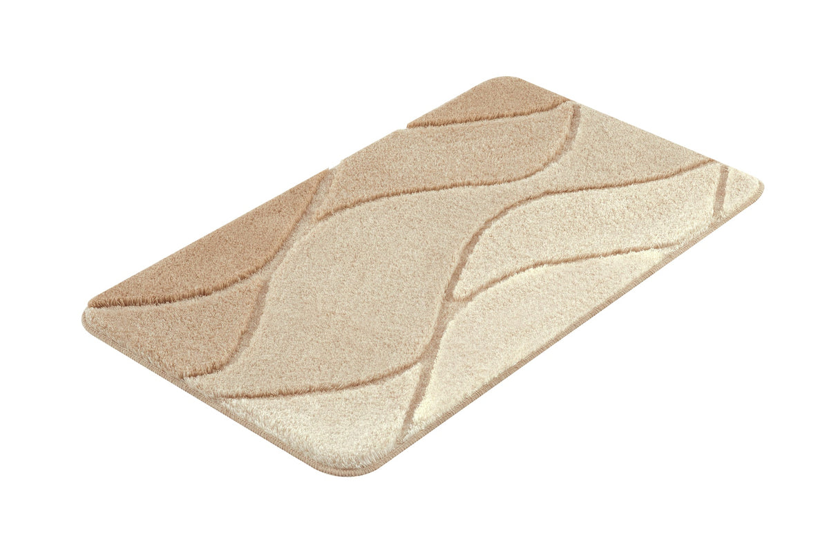 Rechteckige Badematte beige mit geschwungenem Wellenmuster in Naturtönen