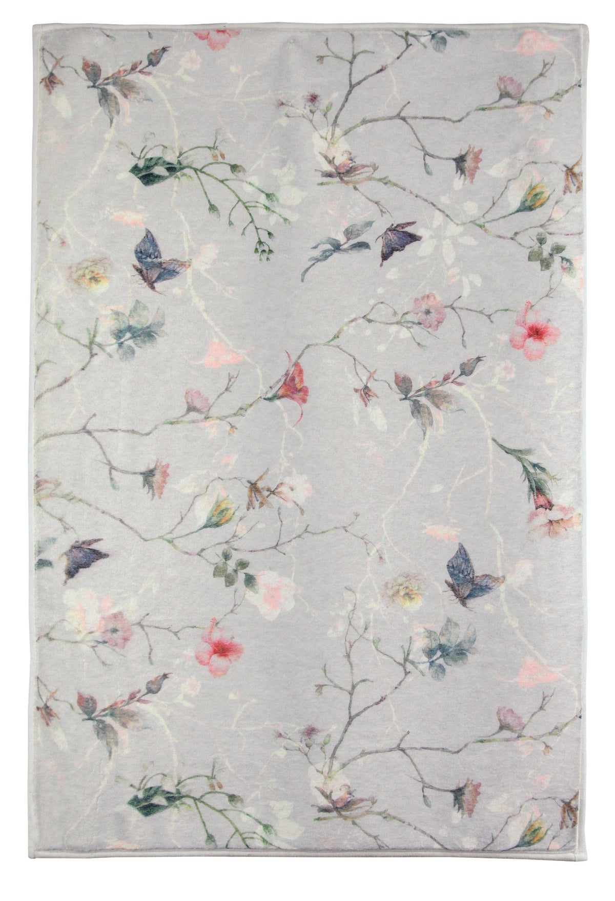 Graues Handtuch mit zartem Blumen- und Vogelmuster in Pastellfarben
