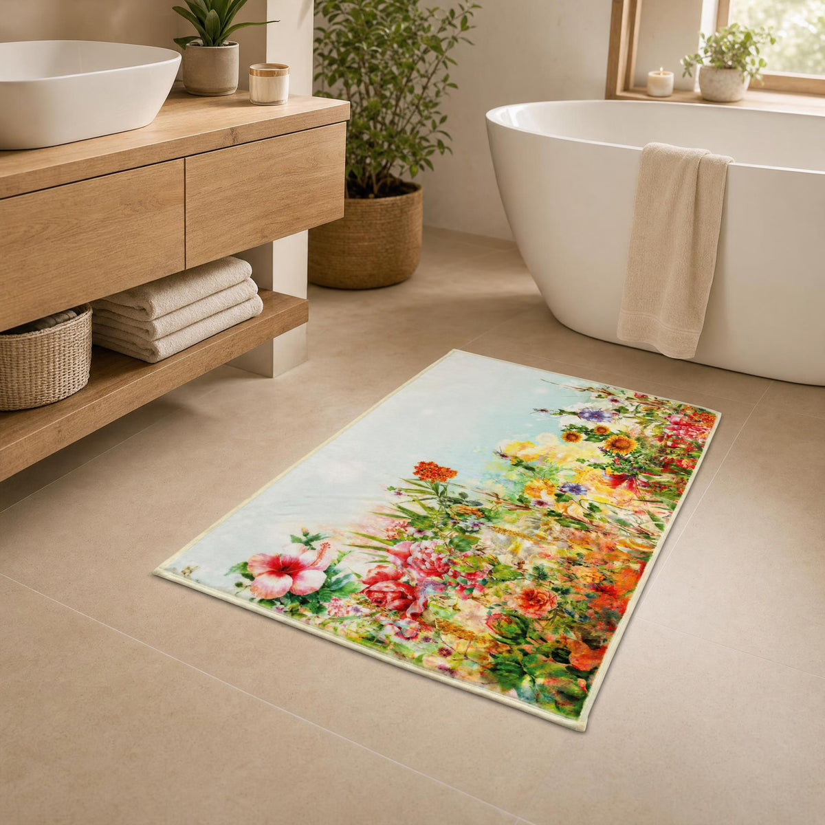 Blumiger Badteppich in hellem Bad mit freistehender Wanne.