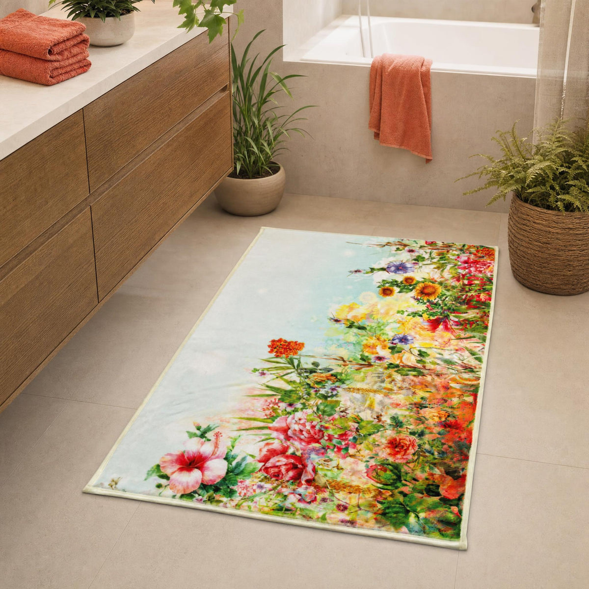 Badezimmer mit floralem Badteppich, Pflanzen und korallfarbenen Tüchern.