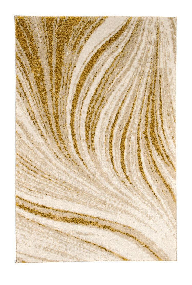 Cremefarbiger Teppich mit geschwungenem, goldfarbigem Muster.