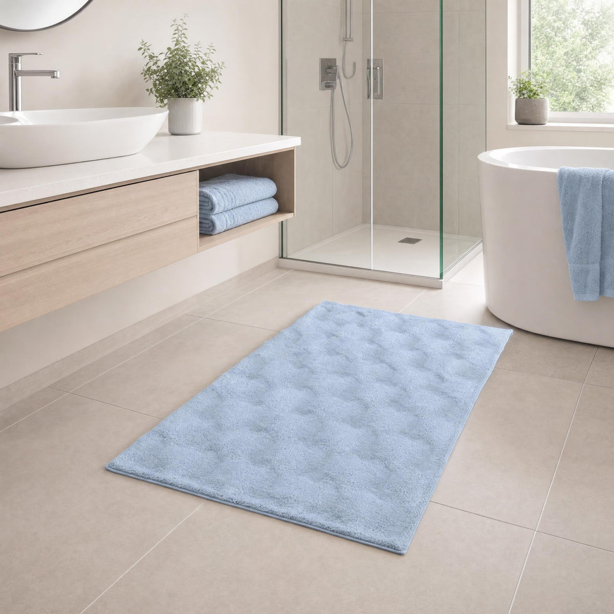 Hellblauer Badteppich in modernem Badezimmer mit Dusche und Badewanne.