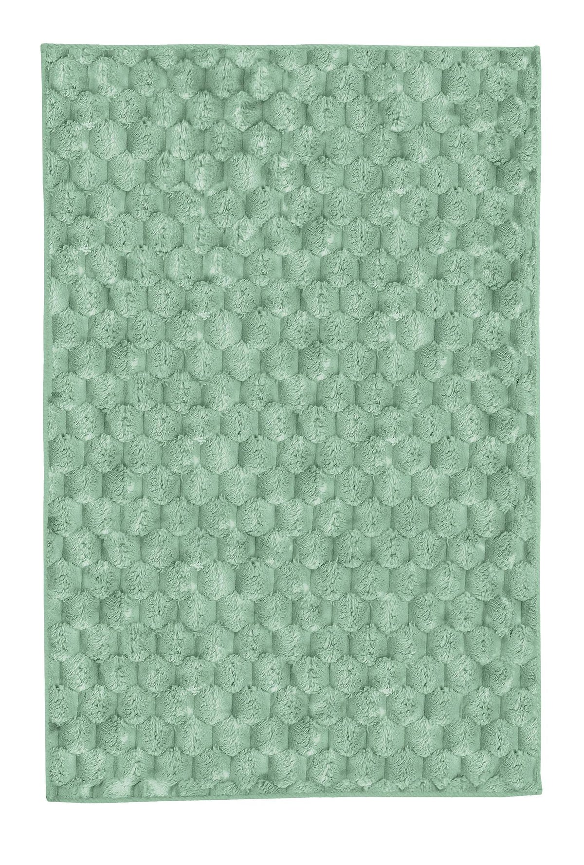 Mintgrüner Badteppich mit flauschigem Wabenmuster.