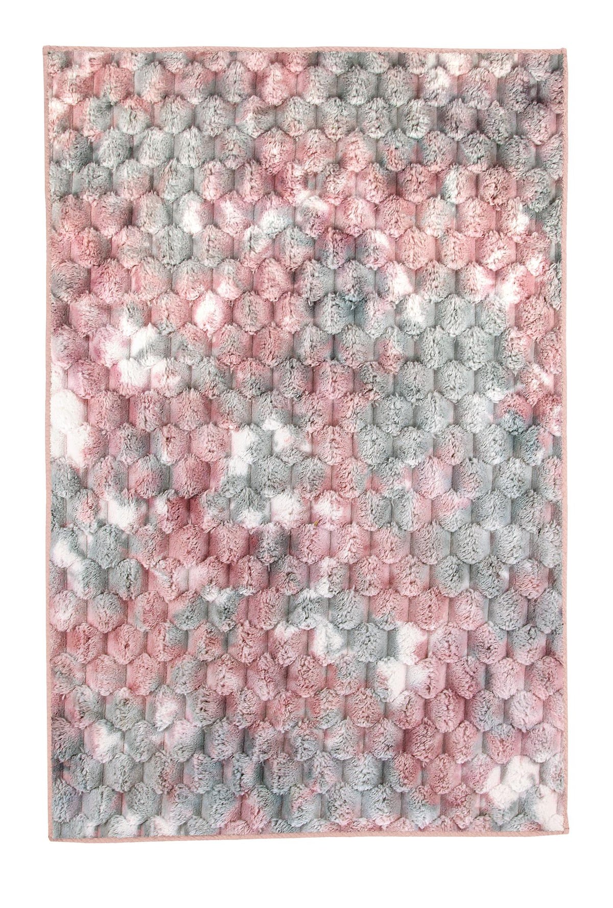 Flauschiger Teppich mit rosa-grauem Pomponmuster.