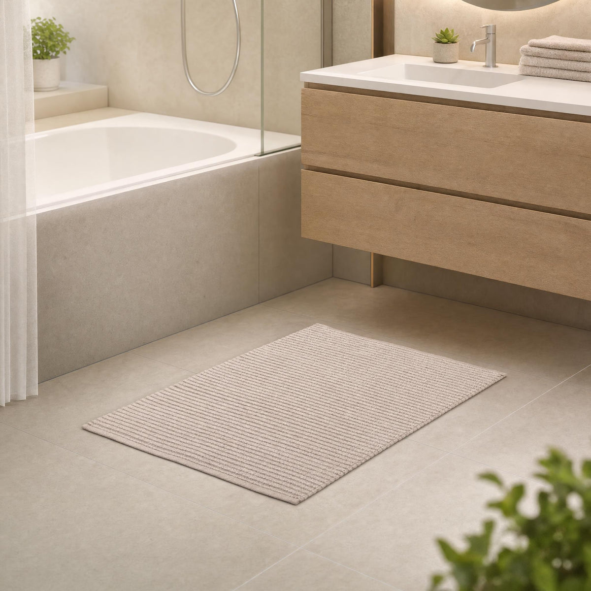 Beiger Badteppich in modernem Badezimmer vor Badewanne und Waschtisch.