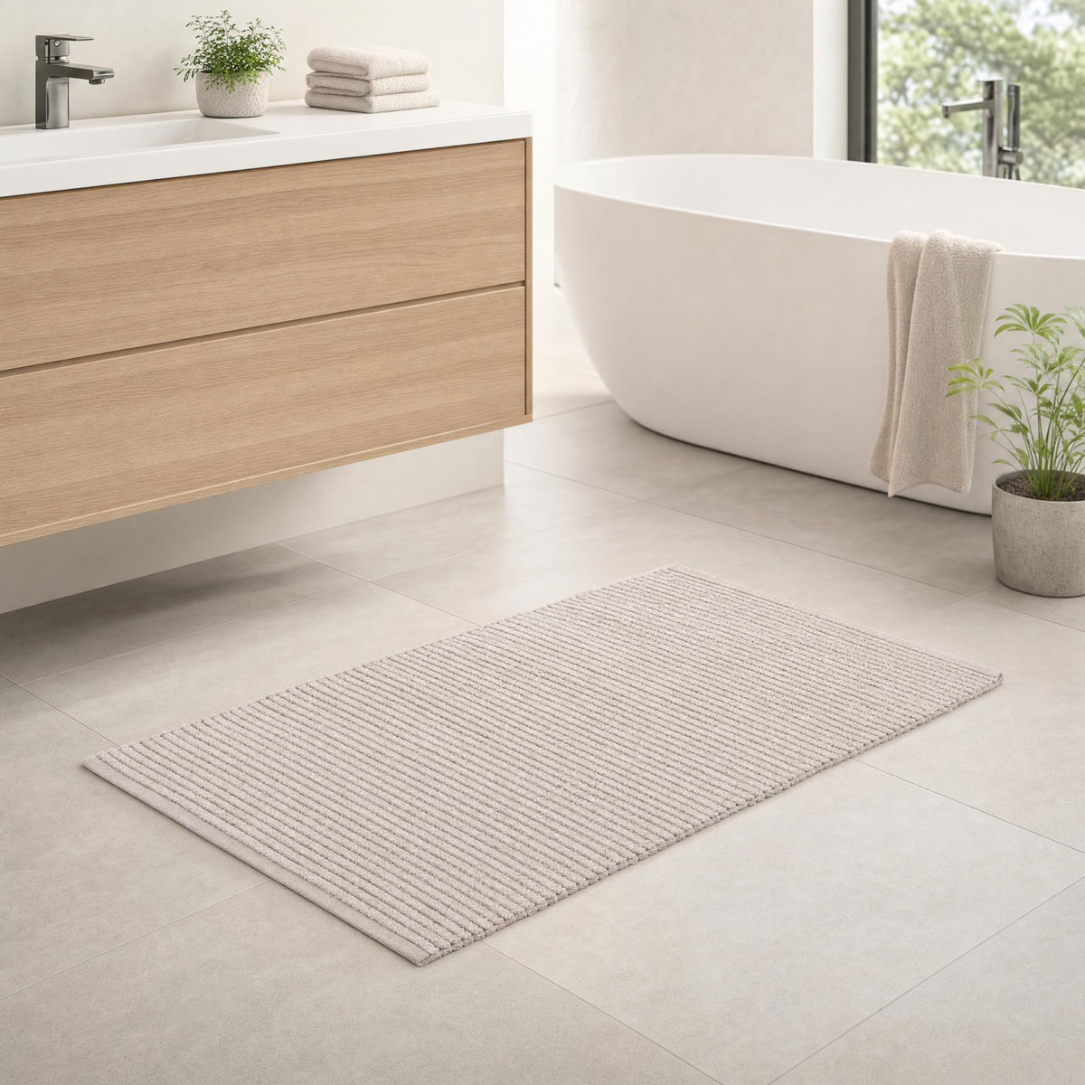 Heller Badteppich in modernem Bad mit Wanne, Waschtisch und Pflanzen.