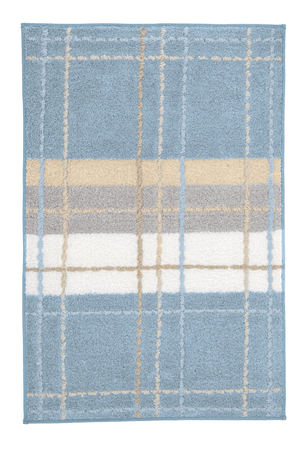 Hellblauer Badteppich mit kariertem Muster und breiten Querstreifen