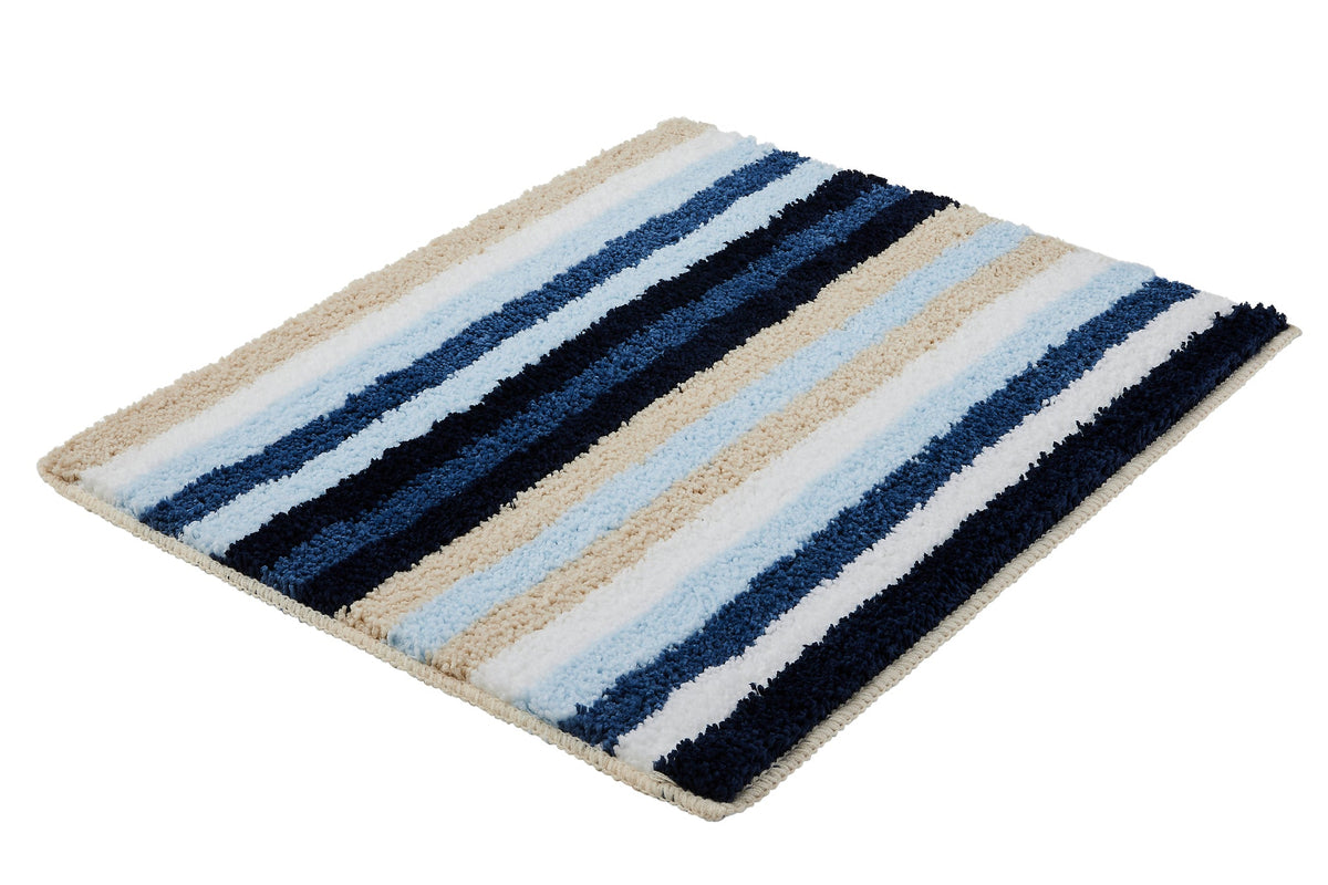 Rechteckige Badematte mit flauschigen blauen, beigen und weißen Streifen