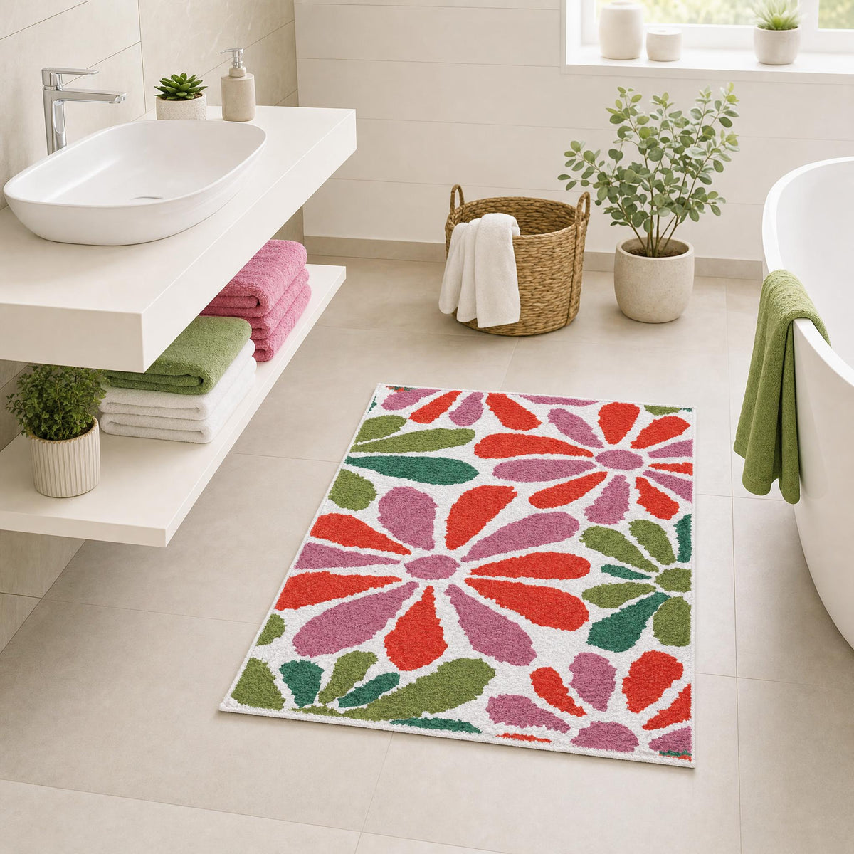 Bunter Badteppich mit Blumenmuster in hellem, modernem Badezimmer.