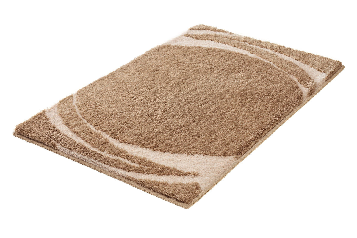 Beigebrauner Badteppich mit kreisförmigem Muster und weichem Hochflor
