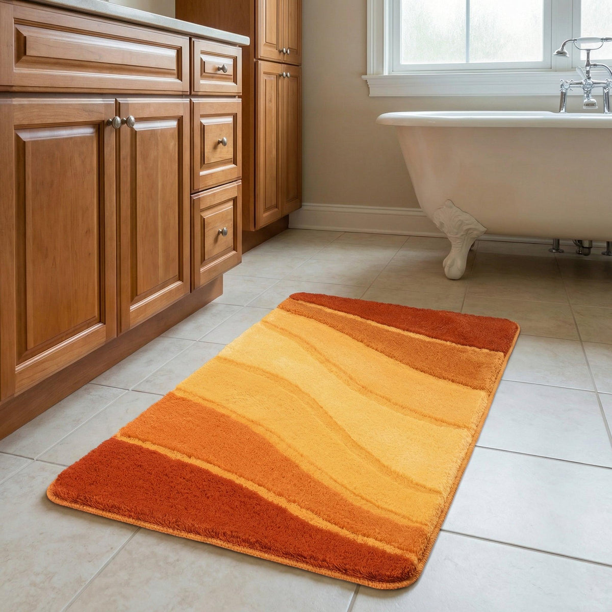 Weicher Badematte in Orange- und Gelbtönen auf hellen Fliesenboden