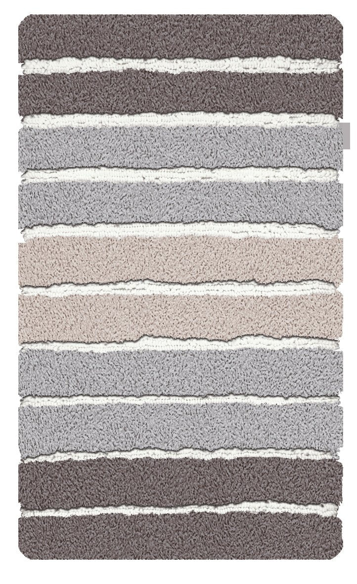Gestreifter Badteppich in Grau-, Beige- und Weißtönen von oben gesehen