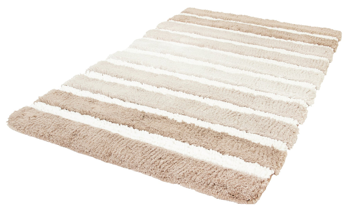 Rechteckiger Hochflor-Badteppich mit beigen und weißen Streifen