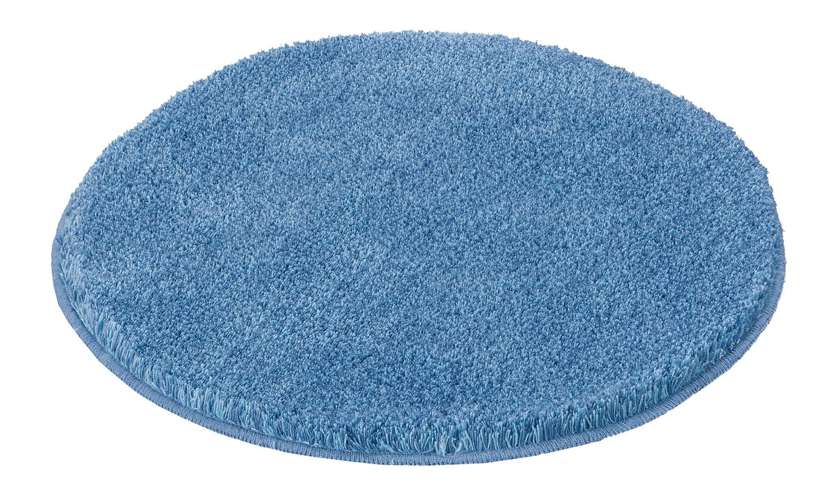 Runder, flauschiger Badteppich in Hellblau mit dichtem Flor und Rand