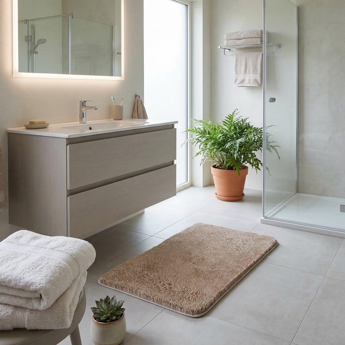 Beiger Badteppich vor Dusche im hellen modernen Bad mit Pflanze