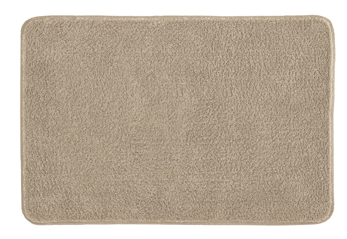 Rechteckige beige Badematte mit weichem, hochflorigem Teppichflor