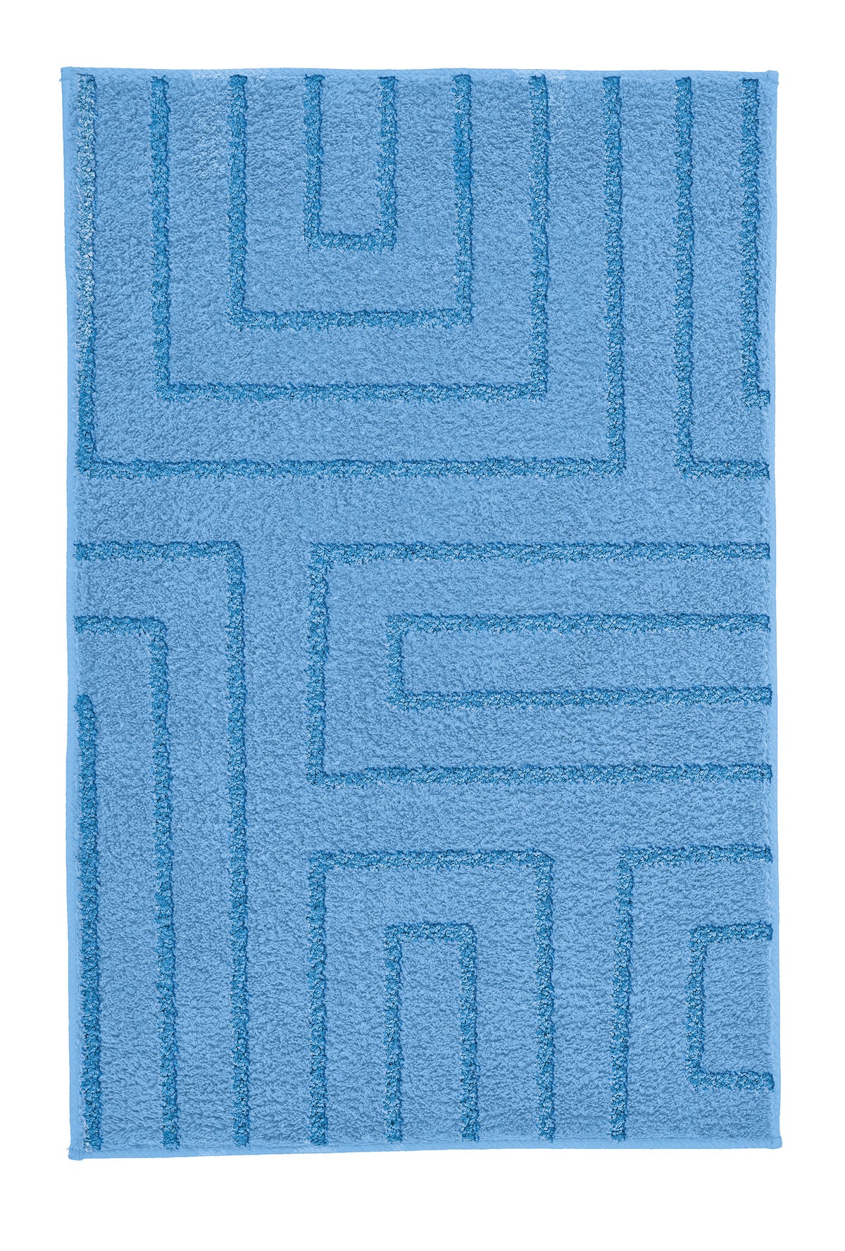 Hellblaue Badematte mit geometrischem Linienmuster.