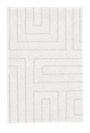 Cremeweißer Teppich mit hellgrauem geometrischem Linienmuster.