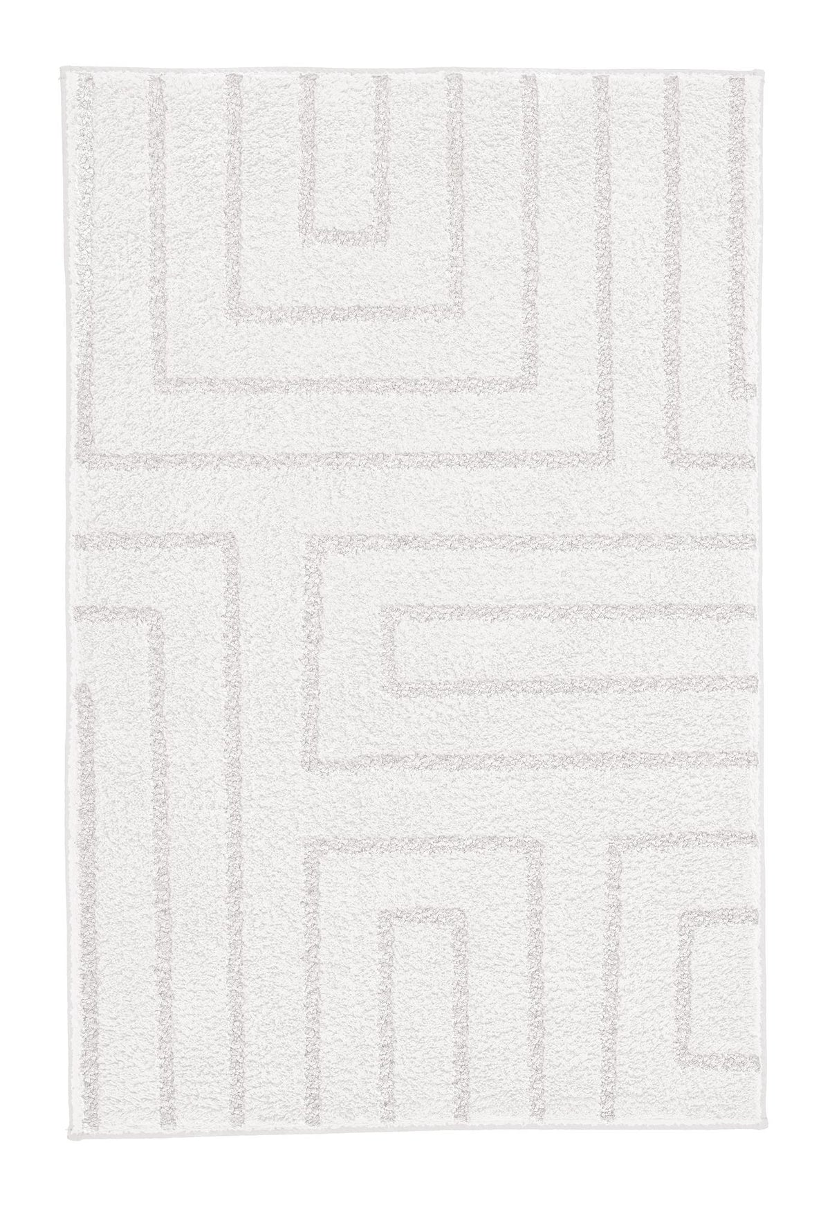 Cremeweißer Teppich mit hellgrauem geometrischem Linienmuster.