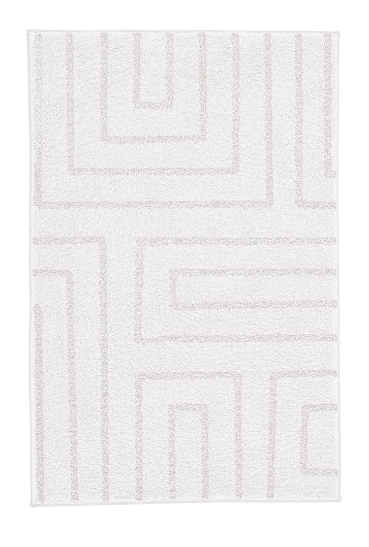 Cremeweißer Teppich mit hellgrauem geometrischem Linienmuster.