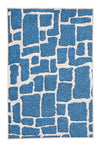 Blauer Badteppich mit cremefarbenem, geometrischem Blockmuster.