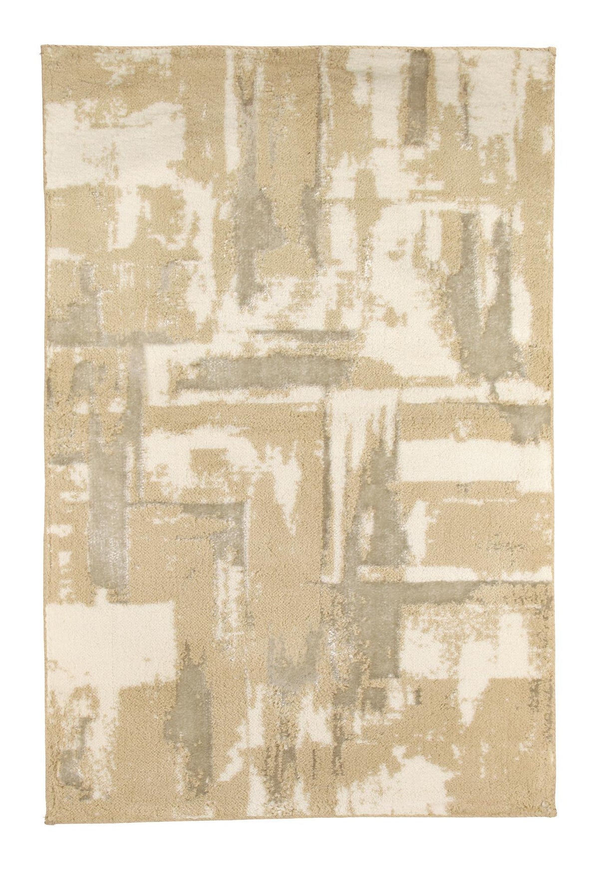 Abstrakter Teppich in Beige und silberfarbigen Pinselstrukturen.
