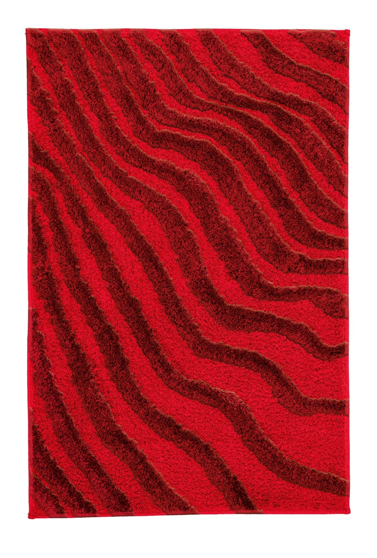 Roter Badteppich mit dunkelrotem, wellenförmigem Linienmuster aus Textil