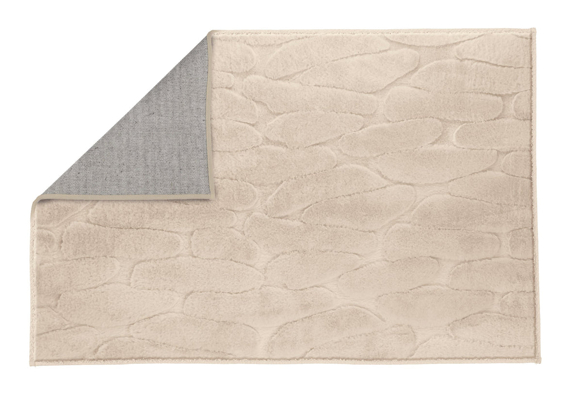 Beige Badematte mit reliefartiger Kieselsteinstruktur, umgeschlagene Ecke