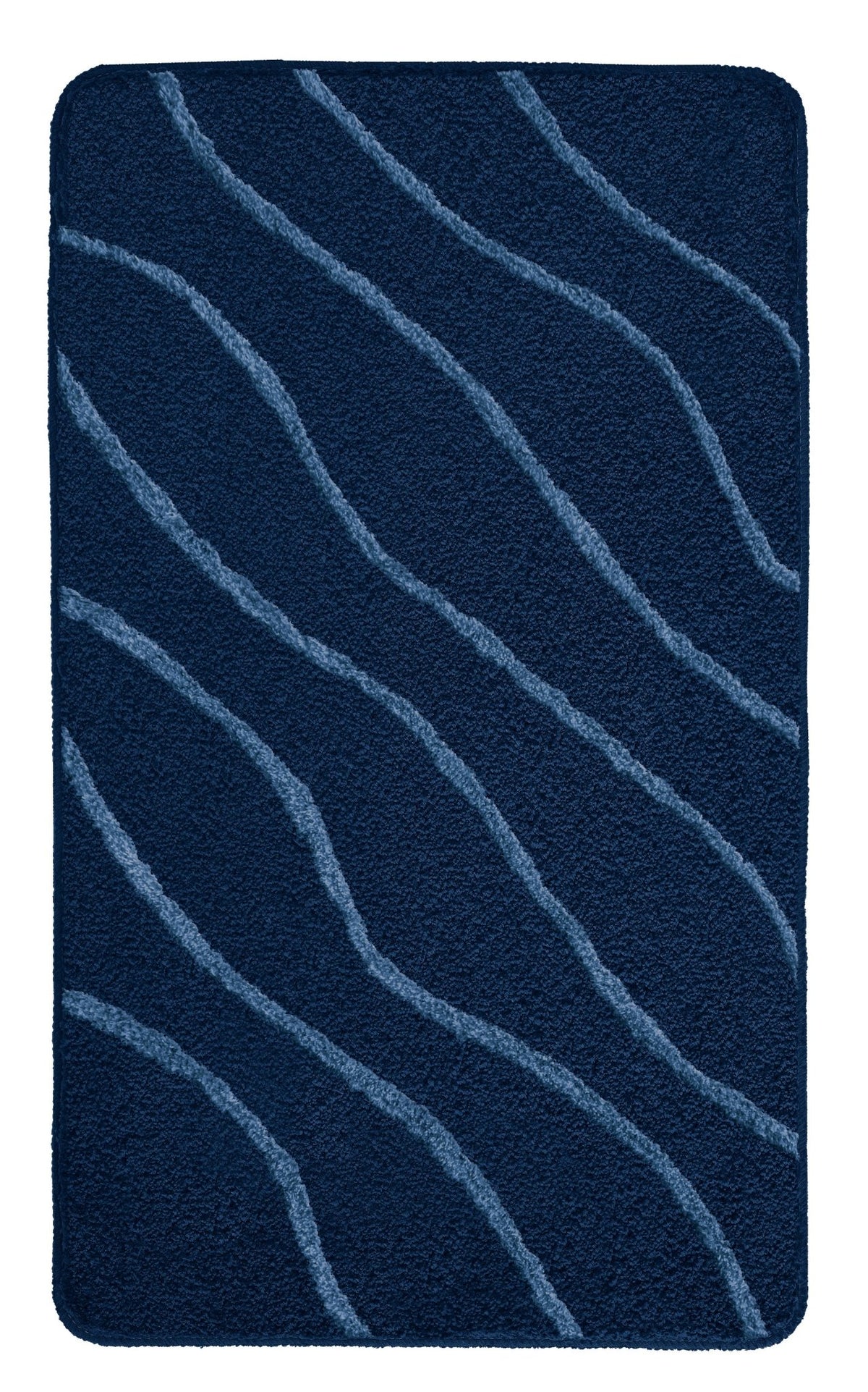 Dunkelblaue Badematte mit hellblauen, geschwungenen Wellenlinien Muster