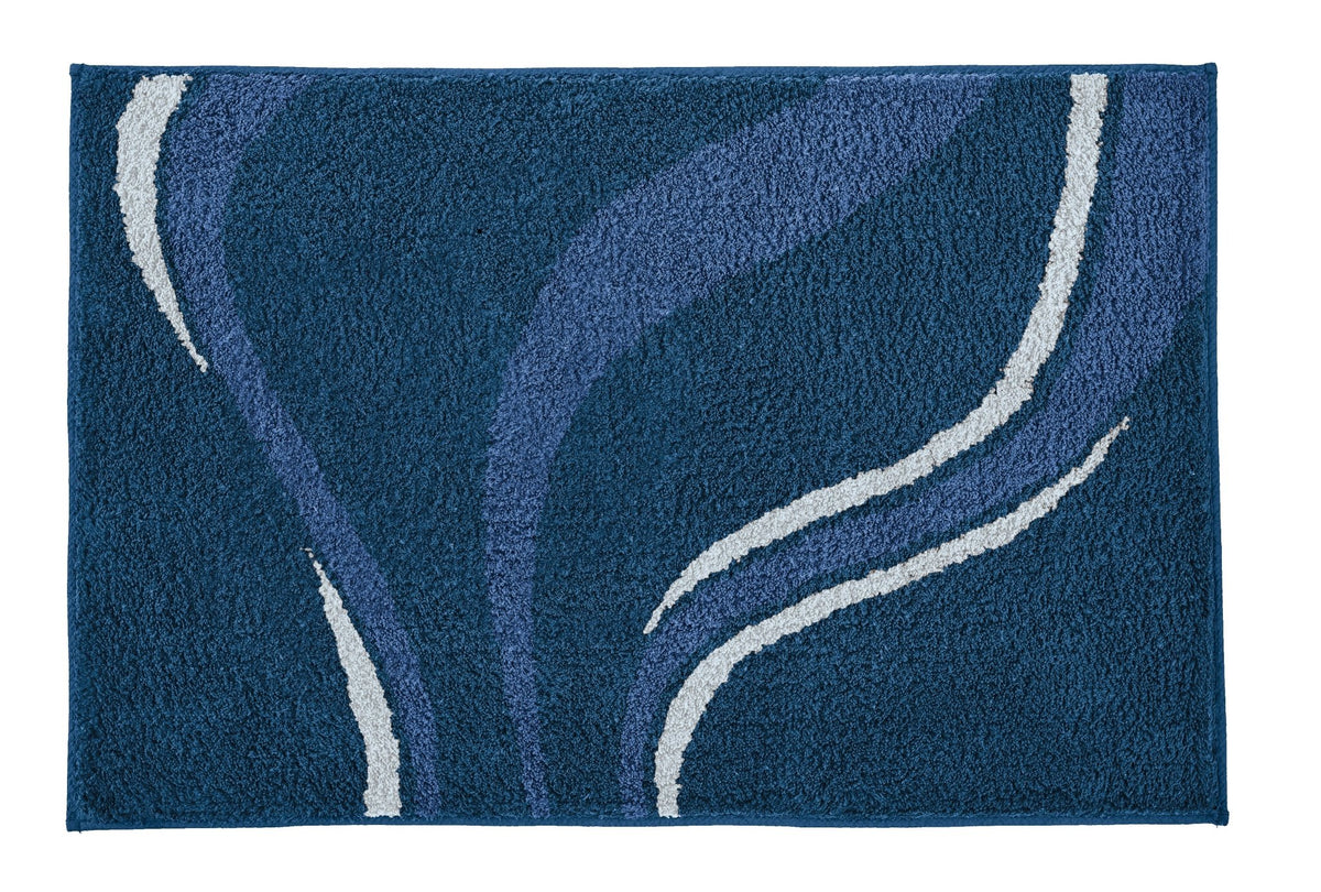 Blaue Badematte mit geschwungenem Wellenmuster in Blau und Weiß