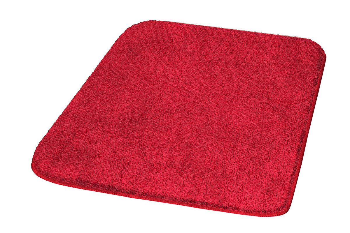 Rechteckige rote Badematte aus Hochflor mit abgerundeten Ecken