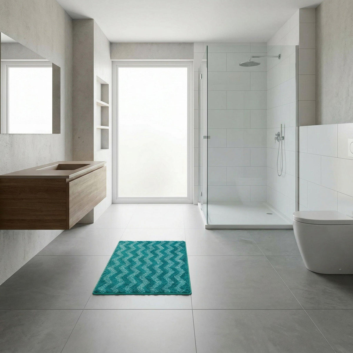 Modernes Bad mit Glasdusche, Wand-WC, Holzwaschtisch und grüner Badematte