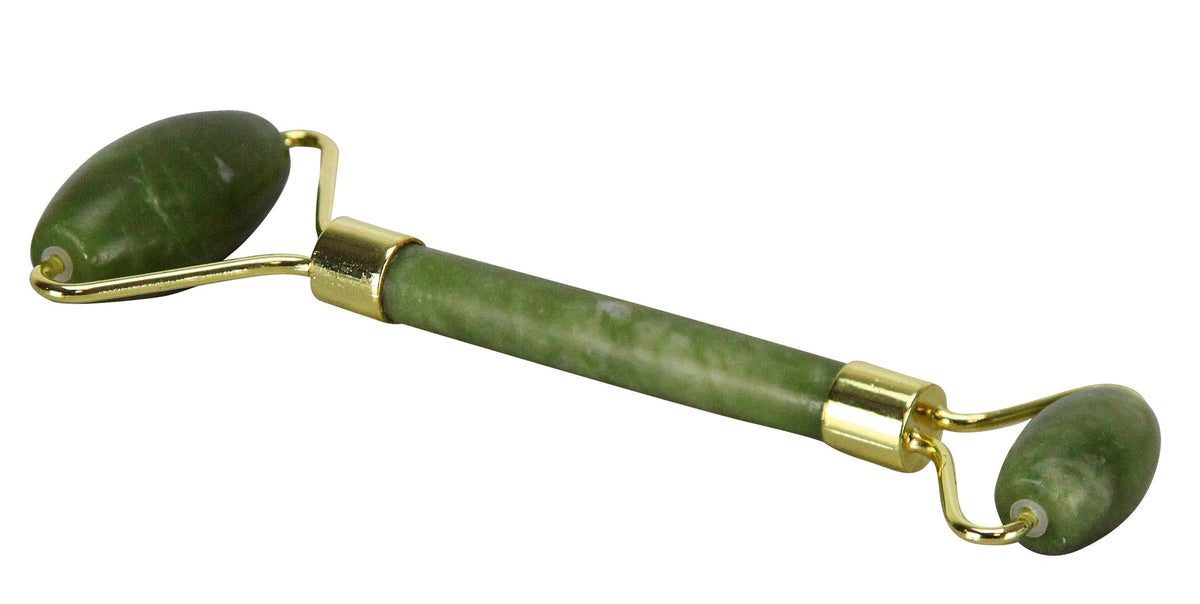 Grüner Jade-Gesichtsroller mit goldenen Metallhalterungen beidseitig