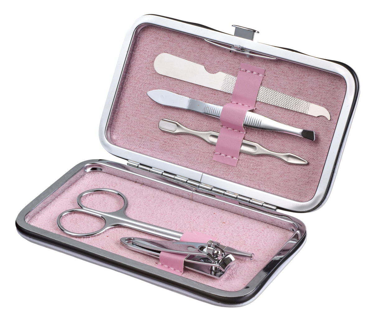 Rosa Maniküre-Etui aus Metall mit Schere, Feile und Nagelknipser Set