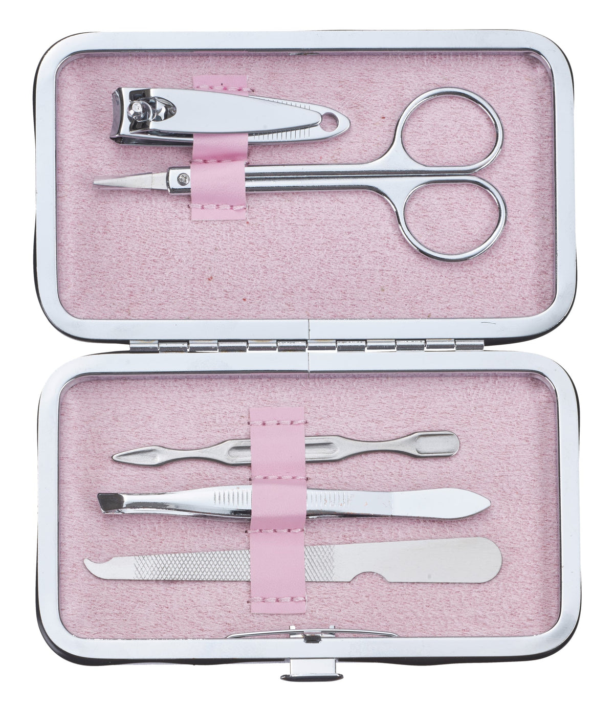 Rosa Maniküre-Etui mit Nagelknipser, Schere, Feile und kleiner Pinzette