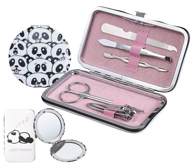 Maniküre-Set in rosa Etui mit Nagelwerkzeug und zwei Pandaspiegeln