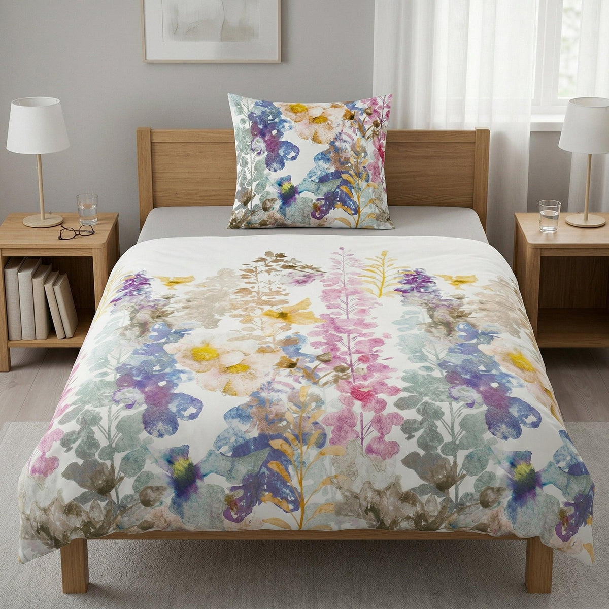 Bettwäsche mit buntem Aquarell-Blumenmuster im hellen Schlafzimmer.