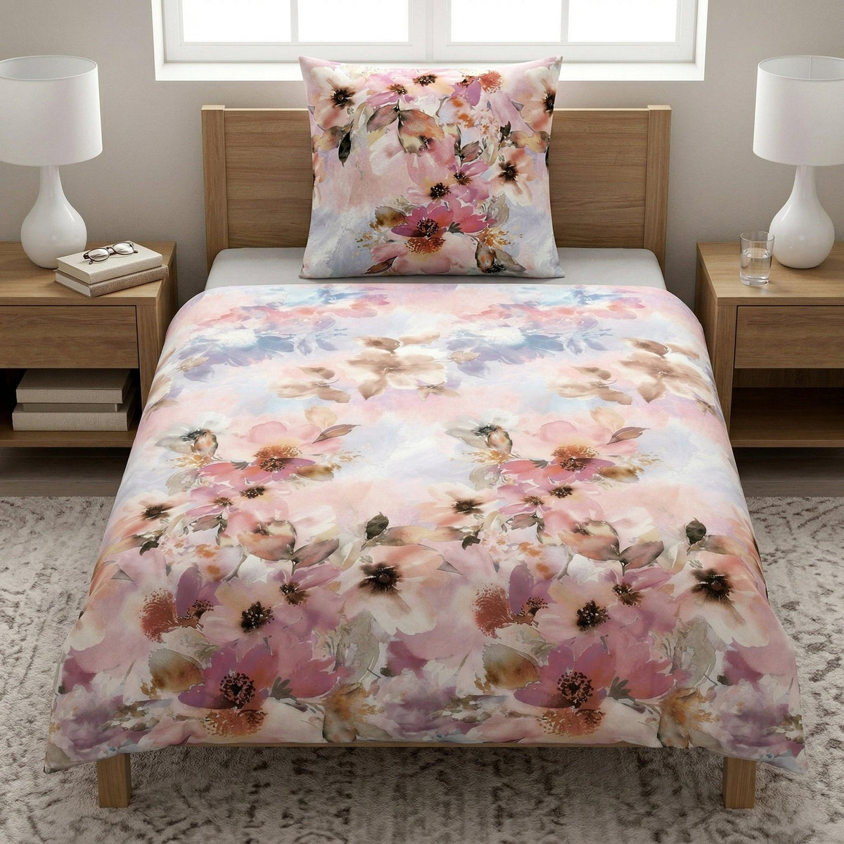 Blumige Bettwäsche in Rosa und Pastell auf einem Holzbett.