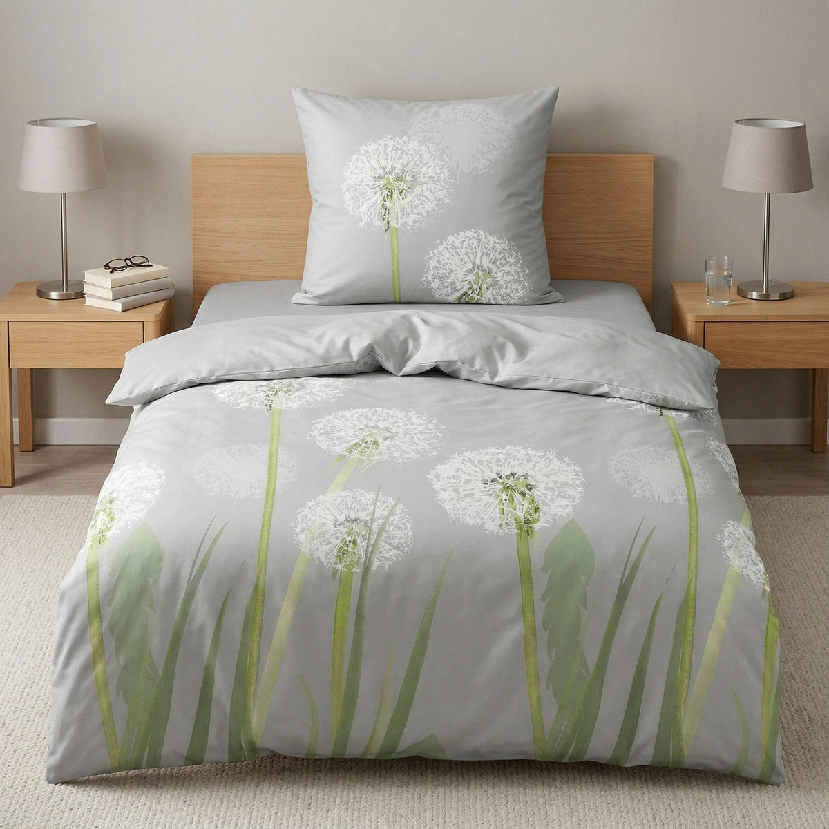 Graue Bettwäsche mit weißen Pusteblumen auf einem Einzelbett.