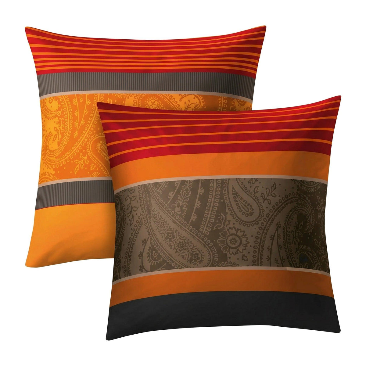 Kopfkissenüberzug in Rot-Orange mit Streifen und Paisleymuster.