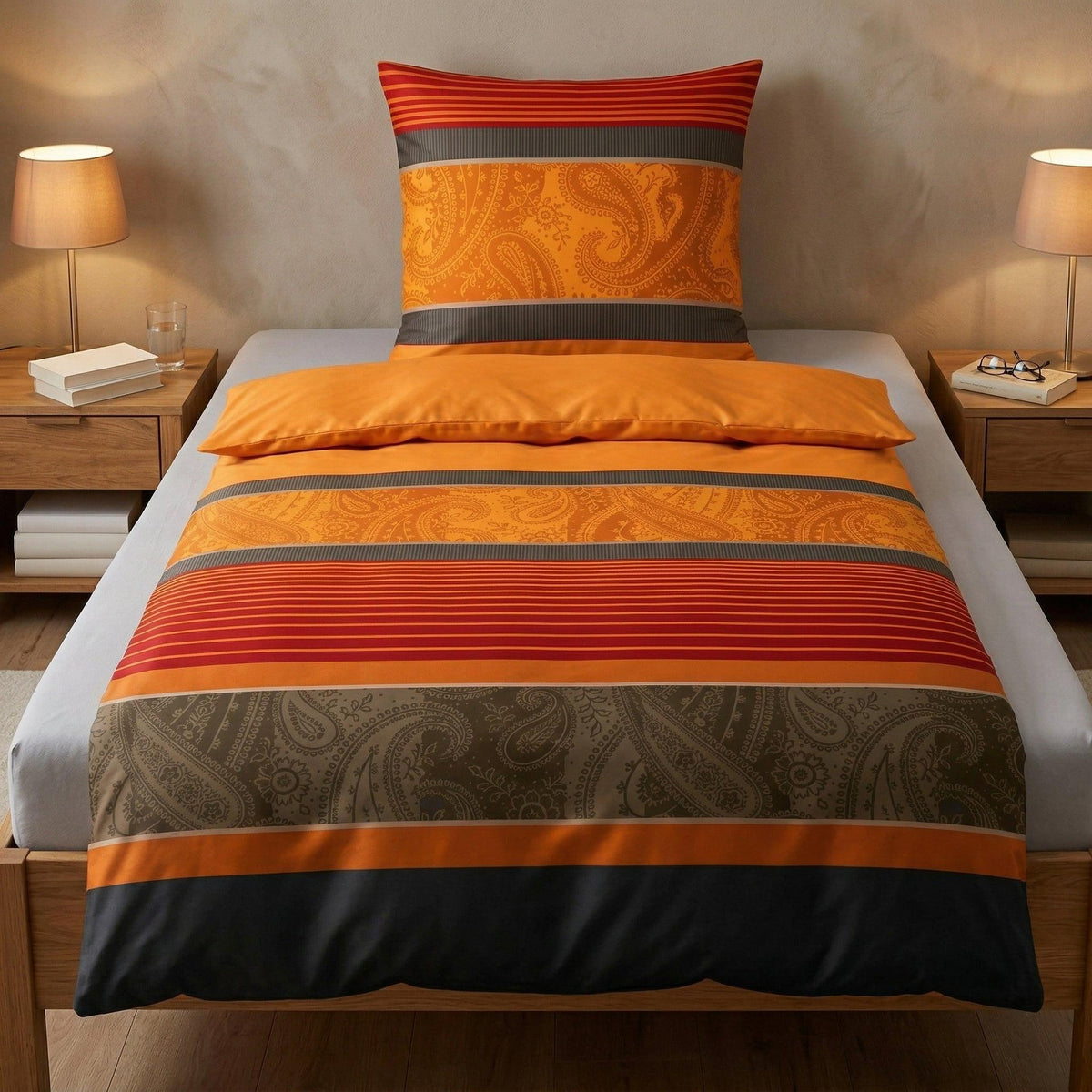 Orange Bettwäsche mit Paisley-Muster auf modernem Bett.