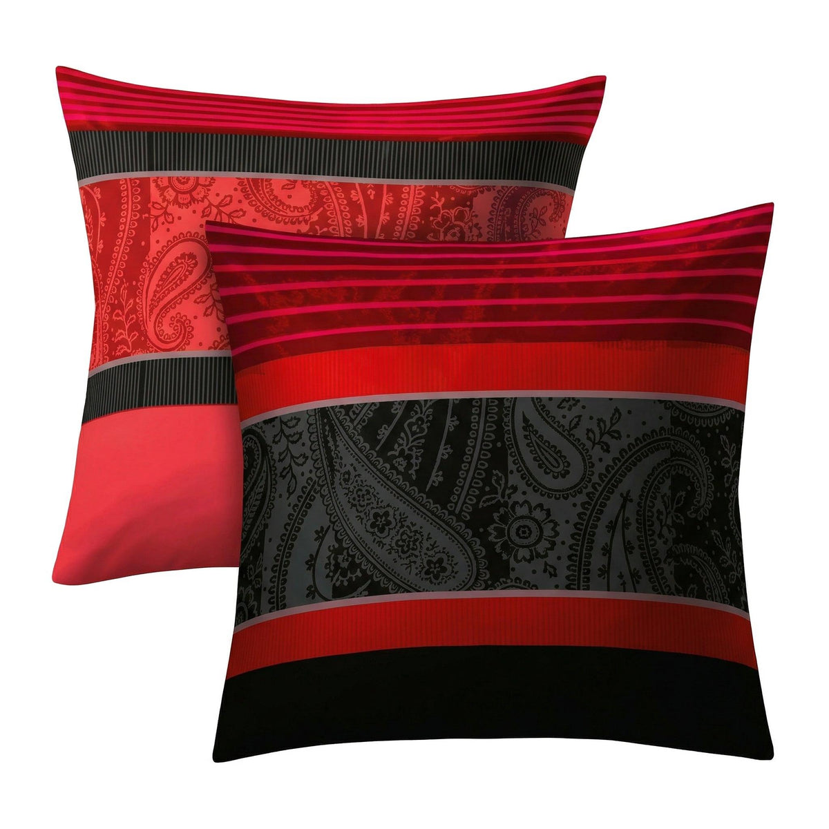 Roter Kopfkissenüberzug mit Streifen und schwarzem Paisleymuster.
