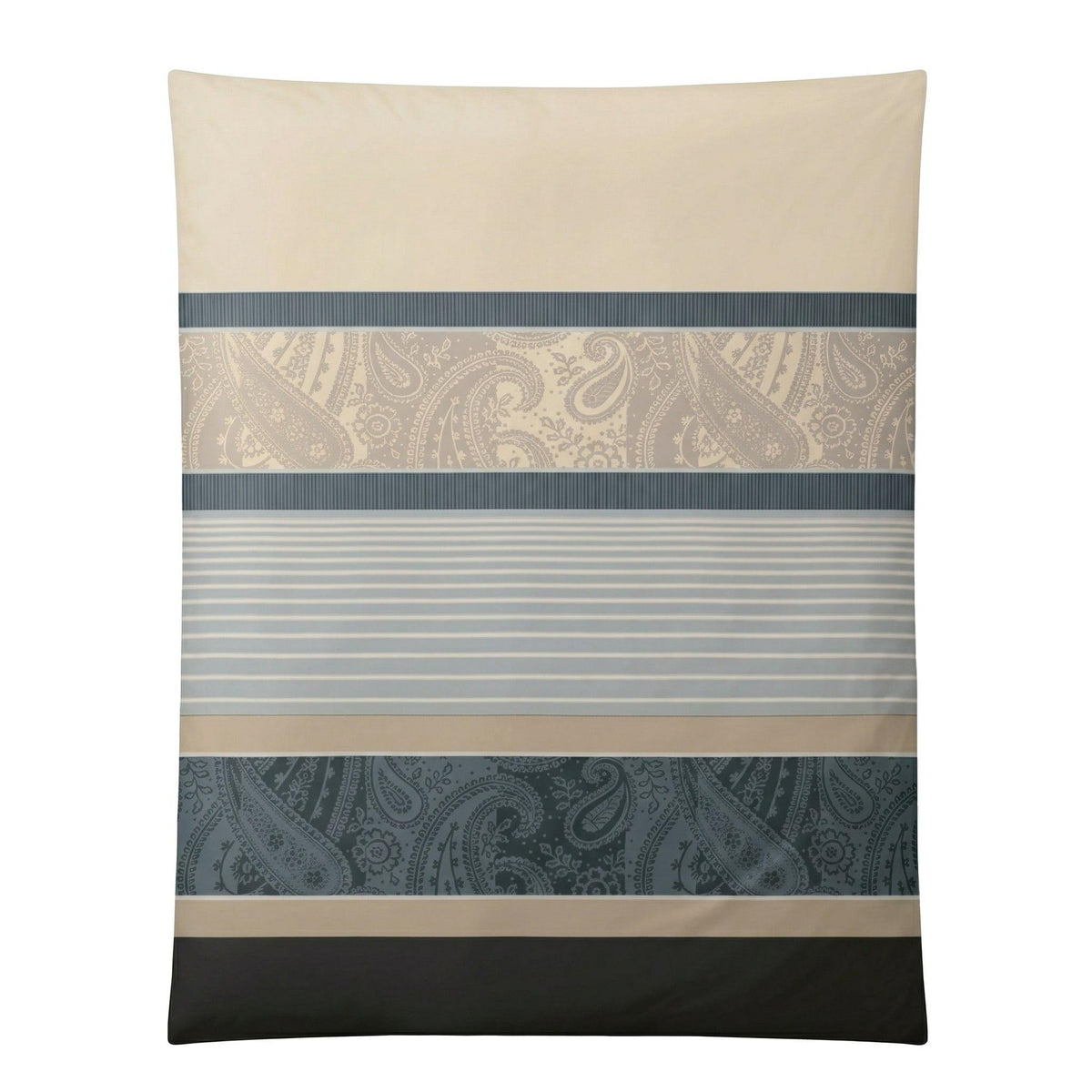 Beige blaue Bettwäsche mit Streifen und Paisleymuster.