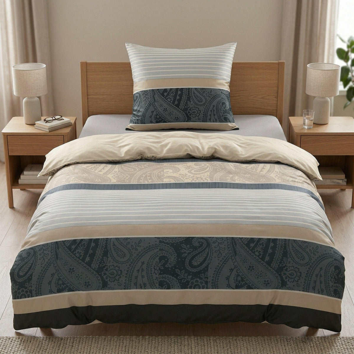 Blau-beige Bettwäsche mit Paisley-Muster auf modernem Bett.