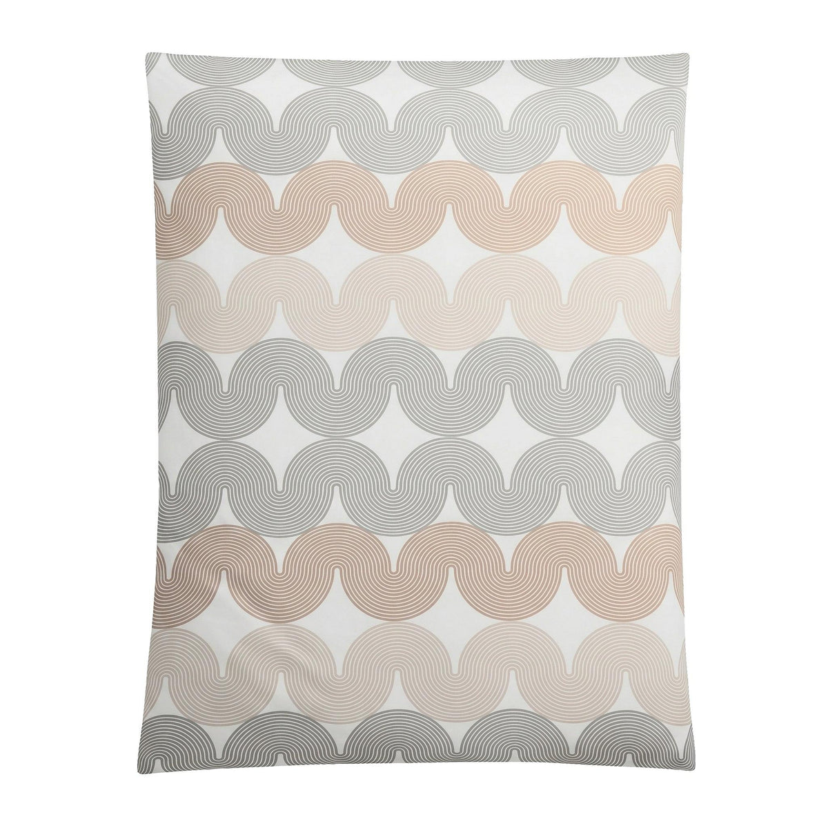 Weiße Bettwäsche mit Wellenmuster in Grau und Beige.