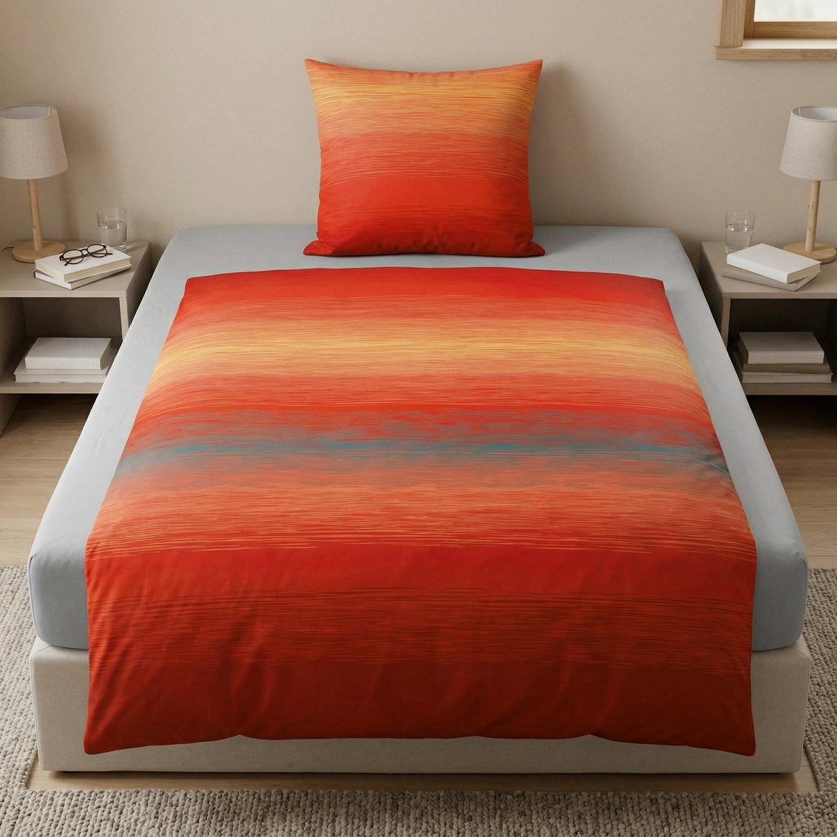 Bettwäsche in Rot-Orange-Verlauf auf Bett im hellen Schlafzimmer.