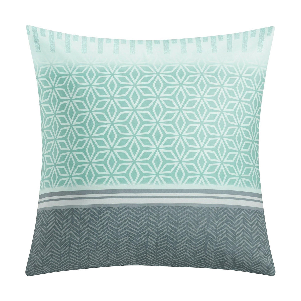 Kopfkissenüberzug in Mint und Grau mit geometrischem Muster.