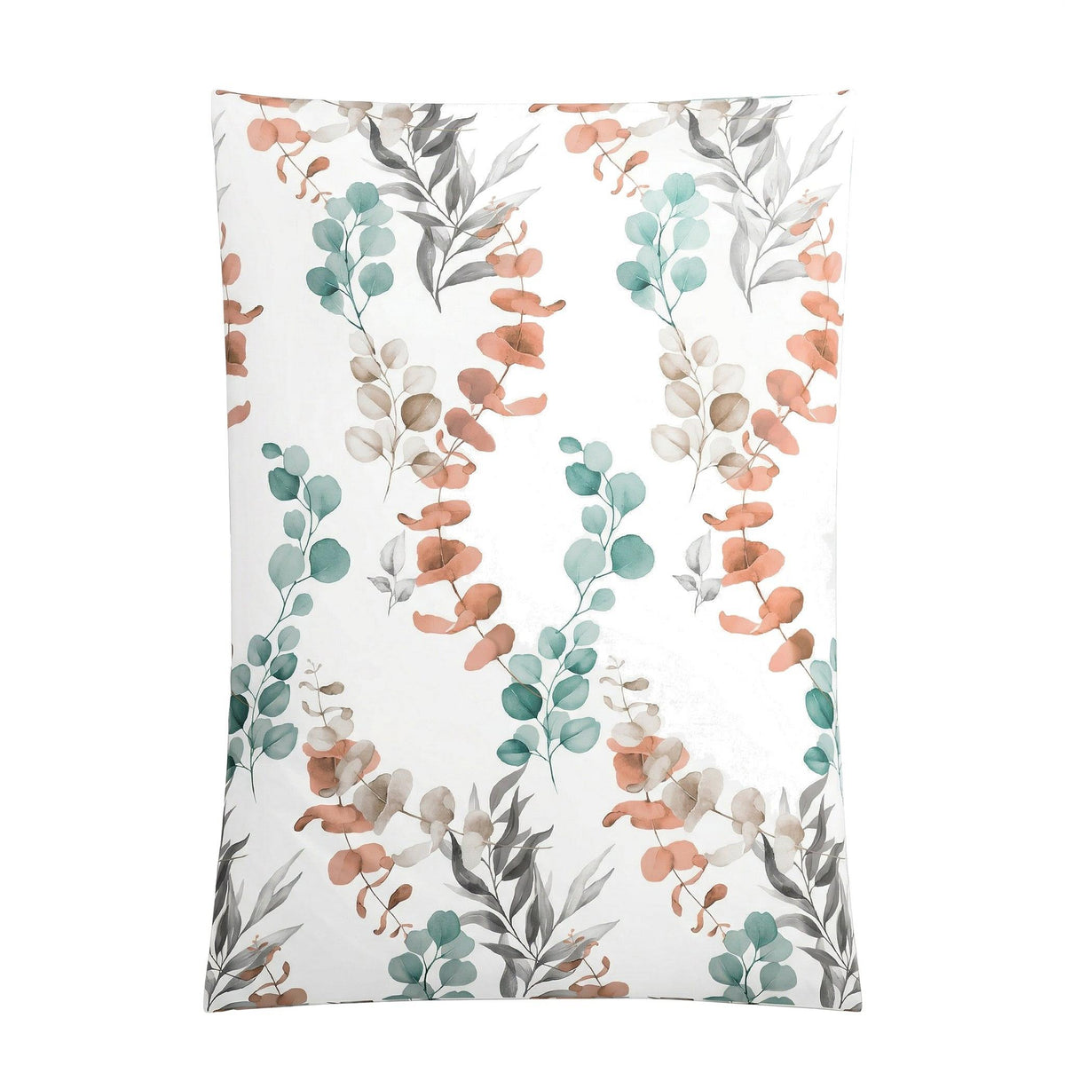 Weiße Bettwäsche mit zartem Blättermuster in Mint, Apricot und Grau.